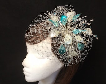 Stunning Vintage Teal Fascinator Hat w/ birdcage veil and feather accents Teal Fascinator: Wedding Races Occasion Hat With Birdcage  main image 2