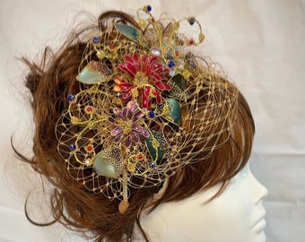 Veiled fascinator, mother of the bride, Summer wedding, wedding hat, floral fascinator, antique gold, UK fascinator, Unique fascinator