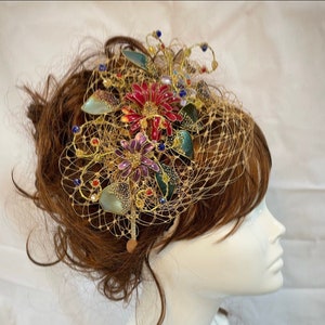 Veiled fascinator, mother of the bride, Summer wedding, wedding hat, floral fascinator, antique gold, UK fascinator, Unique fascinator