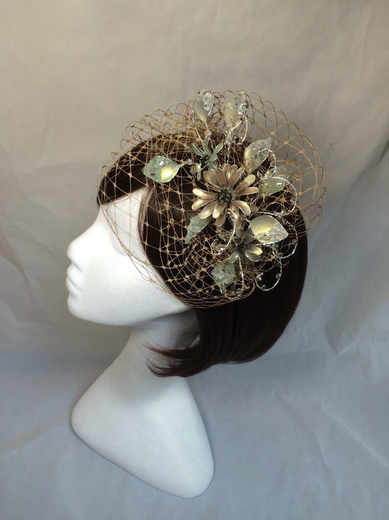 Vintage veiled fascinator, whimsical tiara, veiled headdress, gold tiara, green flower fascinator, unique fascinator, UK fascinator image 5