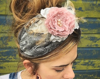 Grey brocade turban, floral half turban, Turban, 1940s turban, headscarf, hippie boho band, flower head scarf, rockabilly headband,uk seller