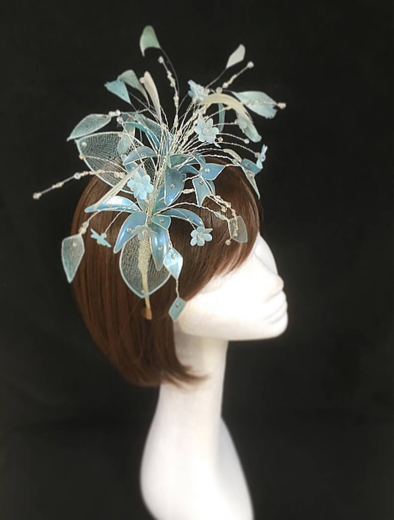 unique fascinator pearl blue hat bespoke design veiled fascinator Mother of the bride hat Blue fascinator statement hat