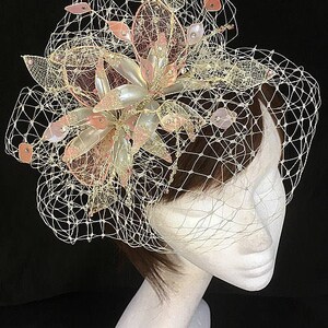 Pink Fascinator, ivory hat, Ascot Fascinator, Mother of the bride hat, vintage wedding headdress, bespoke fascinator, Veiled fascinator image 5