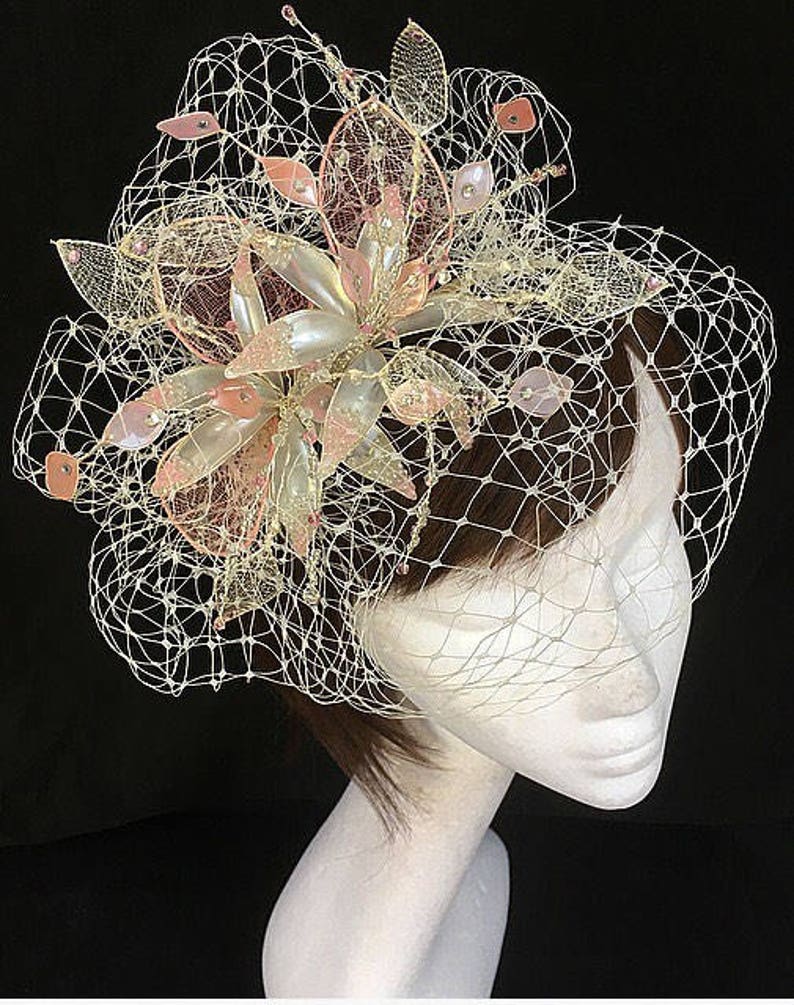 Pink Fascinator, ivory hat, Ascot Fascinator, Mother of the bride hat, vintage wedding headdress, bespoke fascinator, Veiled fascinator image 5