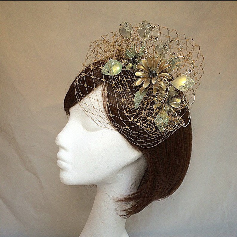 Vintage veiled fascinator, whimsical tiara, veiled headdress, gold tiara, green flower fascinator, unique fascinator, UK fascinator image 4