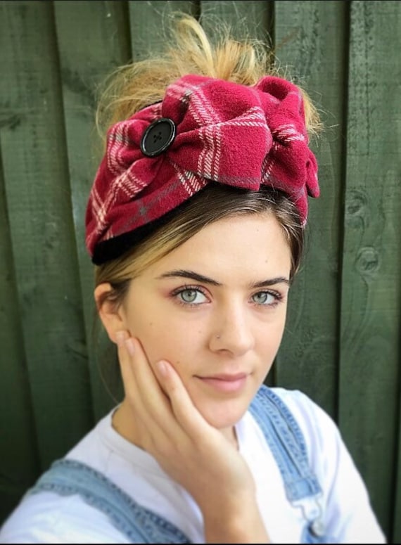Red tartan headband, Warm headwear, Alice band, 1940s turban, headscarf, vintage band, Warm band, Ruffle turban, head-warmer
