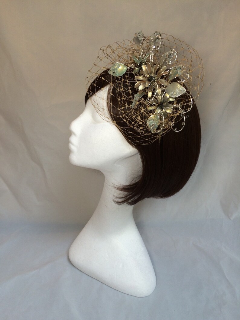 Vintage veiled fascinator, whimsical tiara, veiled headdress, gold tiara, green flower fascinator, unique fascinator, UK fascinator image 3