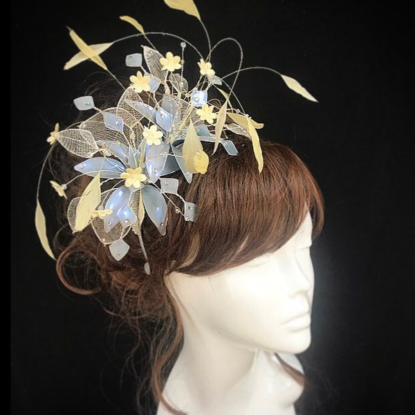 Periwinkle feather fascinator, Bespoke fascinator,lemon fascinator, Bespoke hat, Mother of the bride hat, Yellow and blue hat, wedding hat