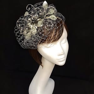 Silver fascinator, Silver veiled fascinator, Summer wedding, wedding hat, unique fascinator, silver hat, UK fascinator, Amanda Sutherland