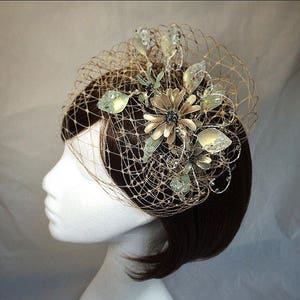 Vintage veiled fascinator, whimsical tiara, veiled headdress, gold tiara, green flower fascinator, unique fascinator, UK fascinator image 1