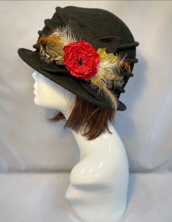 Black Cloche Hat, Wool Hat, Christmas Gift, Floral Hat 