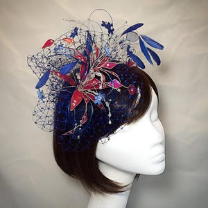 Pink Fascinator, blue hat, Ascot Fascinator, Unique fascinator, UK fascinator, Feather fascinator, pink and blue hat, Veiled wedding hat