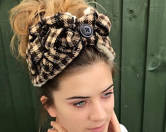 Checked half turban, brown tartan turban alice band, 1940s turban, headscarf, hippie boho band, wool band, Wool hairband