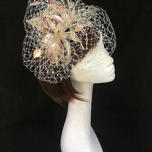 Pink Fascinator, ivory hat, Ascot Fascinator, Mother of the bride hat, vintage wedding headdress, bespoke fascinator, Veiled fascinator image 4