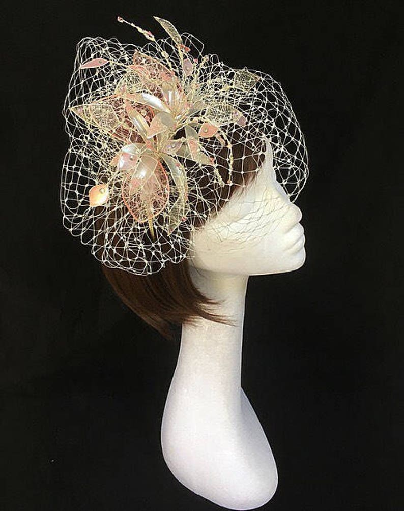 Pink Fascinator, ivory hat, Ascot Fascinator, Mother of the bride hat, vintage wedding headdress, bespoke fascinator, Veiled fascinator image 4