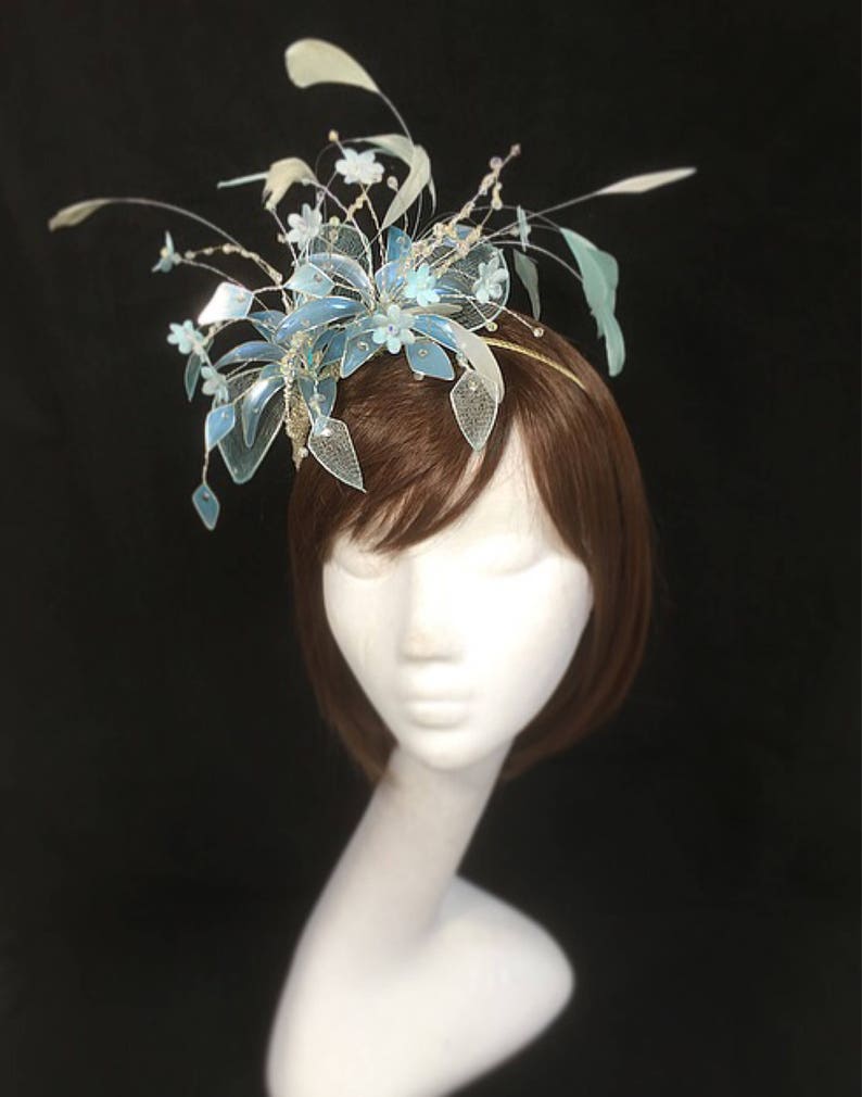 unique fascinator pearl blue hat bespoke design veiled fascinator Mother of the bride hat Blue fascinator statement hat