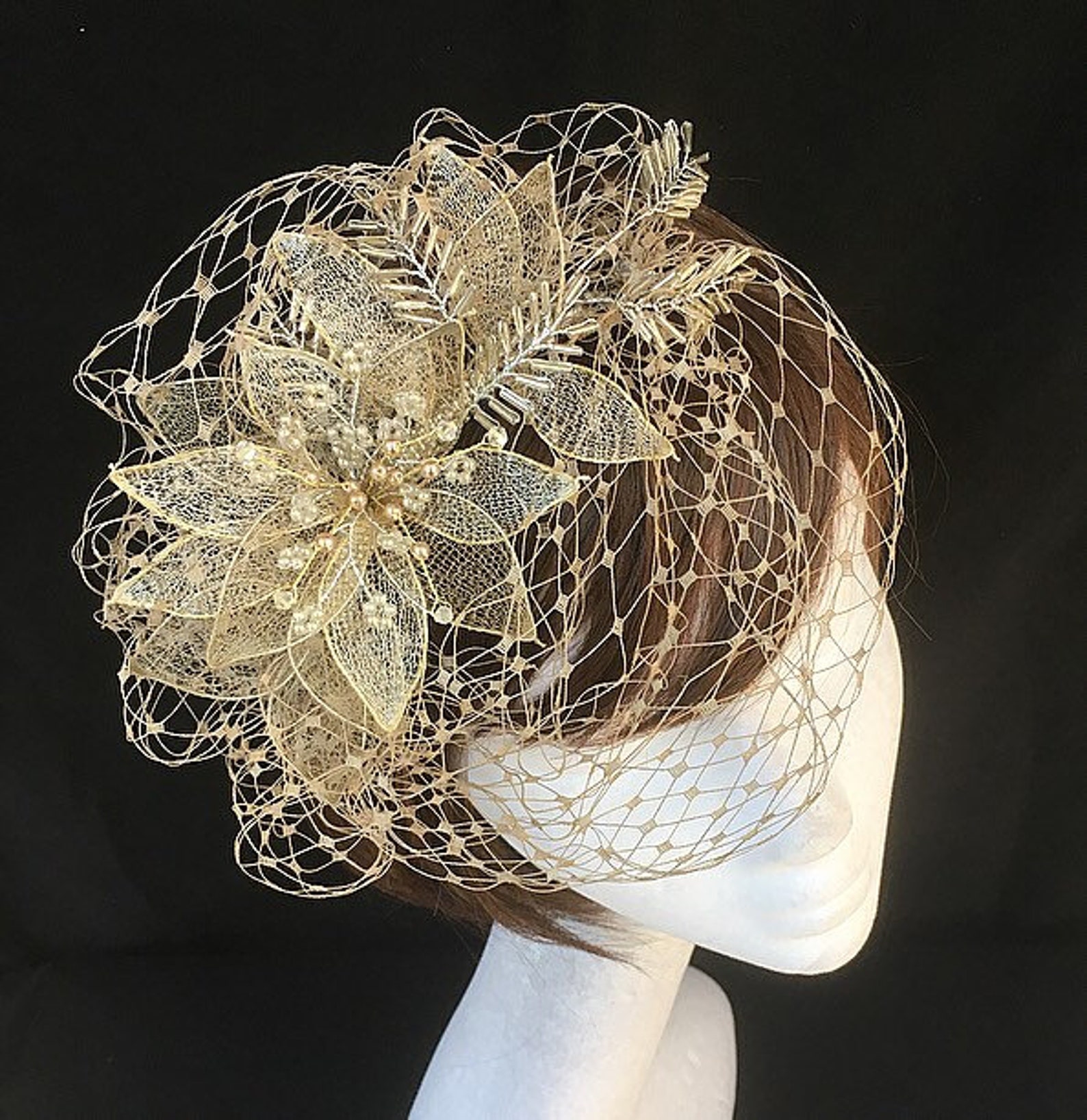 Gold Tiara Fascinator Gold Veiled Fascinator Gold Headband Etsy