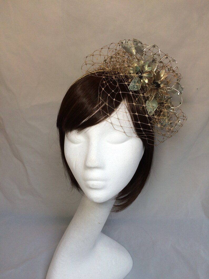 Vintage veiled fascinator, whimsical tiara, veiled headdress, gold tiara, green flower fascinator, unique fascinator, UK fascinator image 6