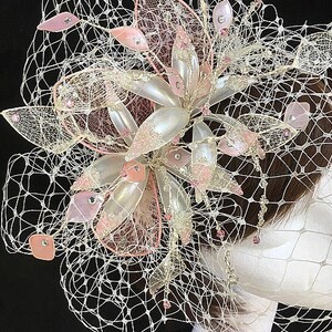 Pink Fascinator, ivory hat, Ascot Fascinator, Mother of the bride hat, vintage wedding headdress, bespoke fascinator, Veiled fascinator image 3