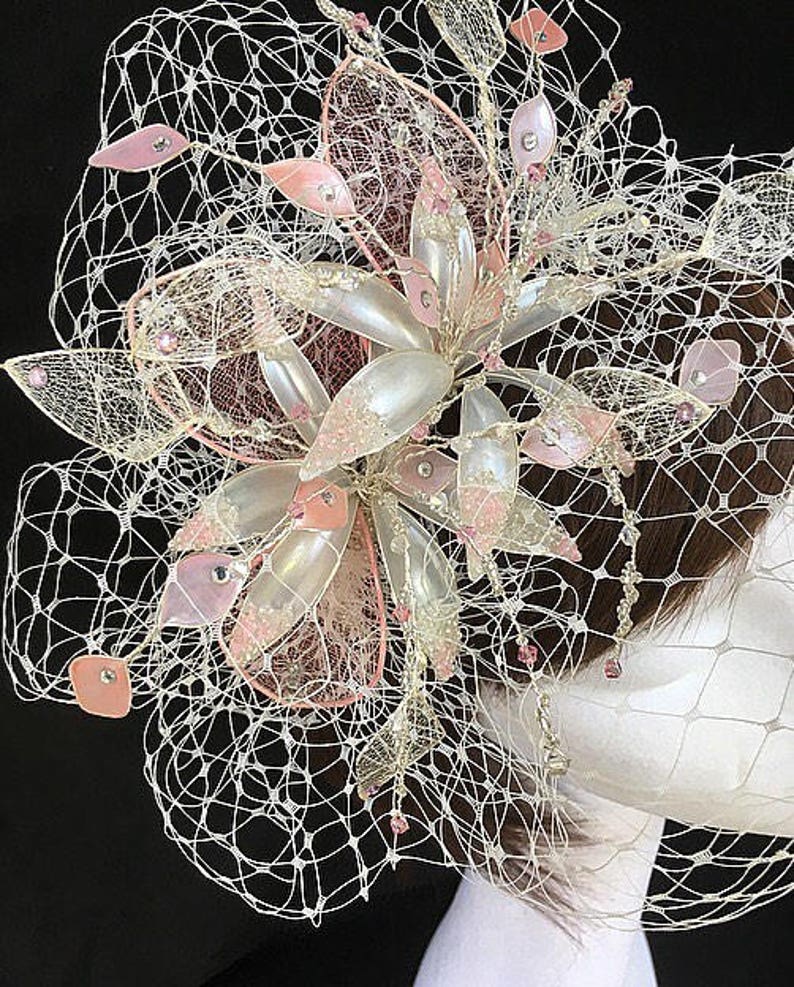 Pink Fascinator, ivory hat, Ascot Fascinator, Mother of the bride hat, vintage wedding headdress, bespoke fascinator, Veiled fascinator image 3