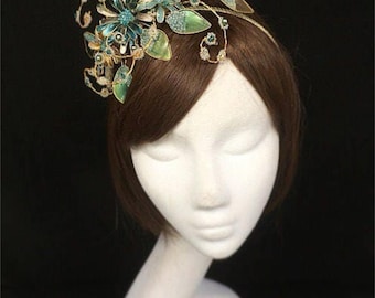 Peacock fascinator band, Blue fascinator, Floral green fascinator, Bespoke fascinator, Wedding fascinator, Made in the UK, Unique tiara