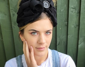 Black half turban, Turban, Alice band, 1940s turban, headscarf, hippie boho band, black head scarf