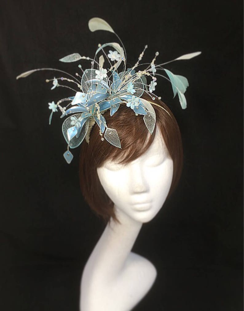 unique fascinator pearl blue hat bespoke design veiled fascinator Mother of the bride hat Blue fascinator statement hat
