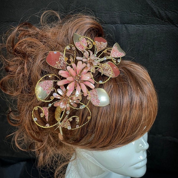 Peach gold flower bridal tiara, Gold wedding vine, Gold wedding fascinator, UK Fascinator, bespoke fascinator