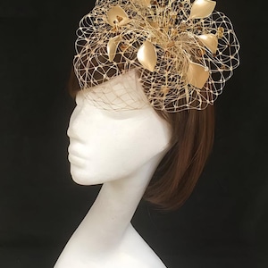 Gold wedding fascinator, bespoke fascinator, Summer wedding, wedding hat, pale gold fascinator, Amanda Sutherland, Veiled fascinator