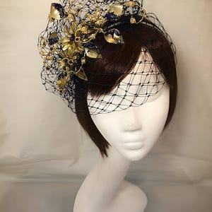 Navy and gold fascinator, Blue fascinator, Mother of the bride, Unique hat, Amanda Sutherland, Navy veiled fascinator, UK fascinator