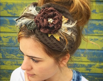 Brown vintage turban, floral half turban, Turban, 1940s turban, headscarf, hippie boho band, flower head scarf, rockabilly headband.