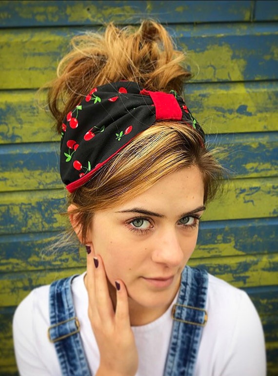Banda de cereza roja negra pañuelo en la cabeza banda de - Etsy México