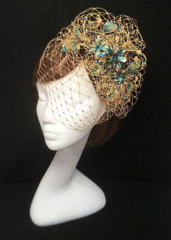 Gold and Teal Peacock Fascinator 