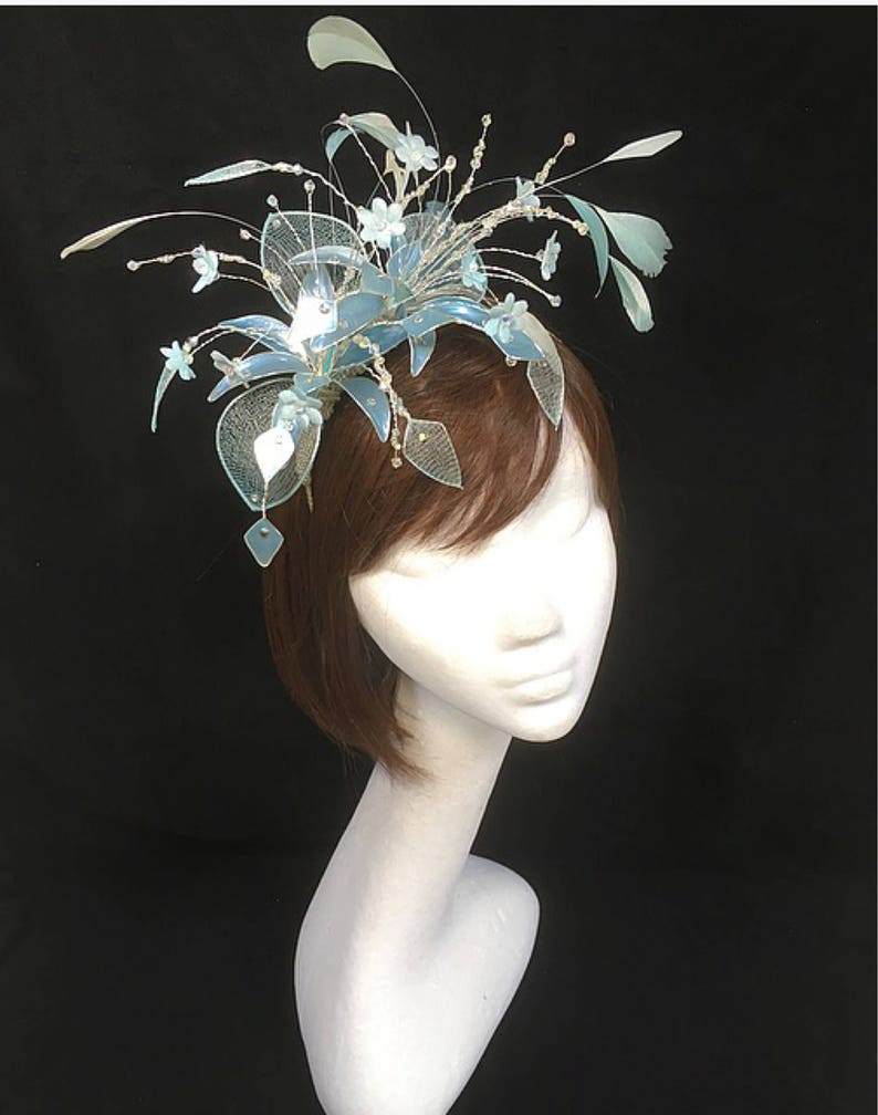 unique fascinator pearl blue hat bespoke design veiled fascinator Mother of the bride hat Blue fascinator statement hat