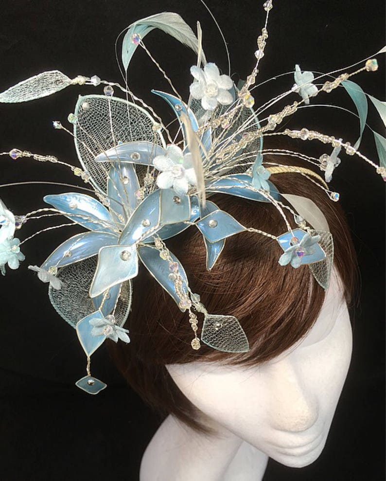unique fascinator pearl blue hat bespoke design veiled fascinator Mother of the bride hat Blue fascinator statement hat