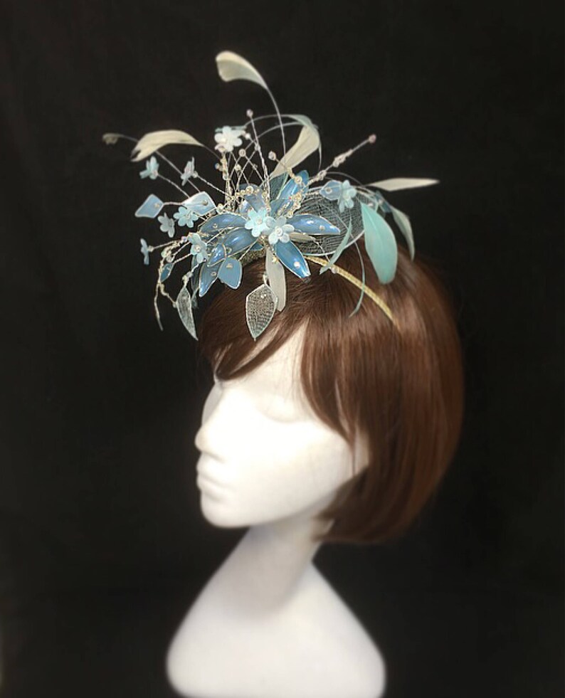 unique fascinator pearl blue hat bespoke design veiled fascinator Mother of the bride hat Blue fascinator statement hat