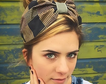 Turban head band , khaki headscarf, vintage hairband, rockabilly turban, headband, turban, land girl turban, turban band, green printed band