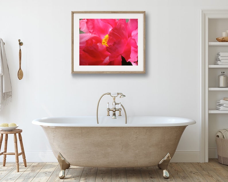 May include: A close-up of a pink peony flower with a yellow center. The flower is in focus, while the background is blurred.