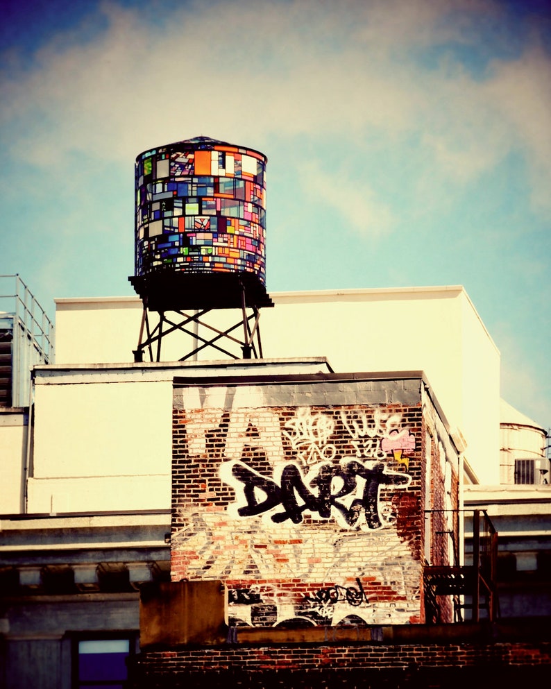 Dumbo New York Water Tower and Graffiti Plexiglass Multi-Colored Water Tower New York City Street Art New York Cityscape Photography image 2