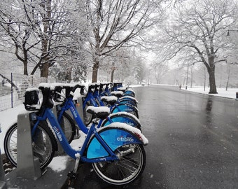 Snowy New York City Bike Photograph: Winter Landscape Art Print