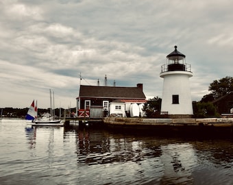 Lighthouse Photography - Nautical Wall Art - Mystic Seaport CT - Boathouse - Boat - Lighthouse Fine Art Print - Landscape Photograph