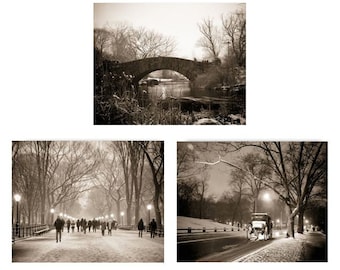 New York Photograph - Snowy Winter - Bridge - The Mall - Horse Carriage - Romantic Scene - Misty Park - Set of 3 Central Park Photographs