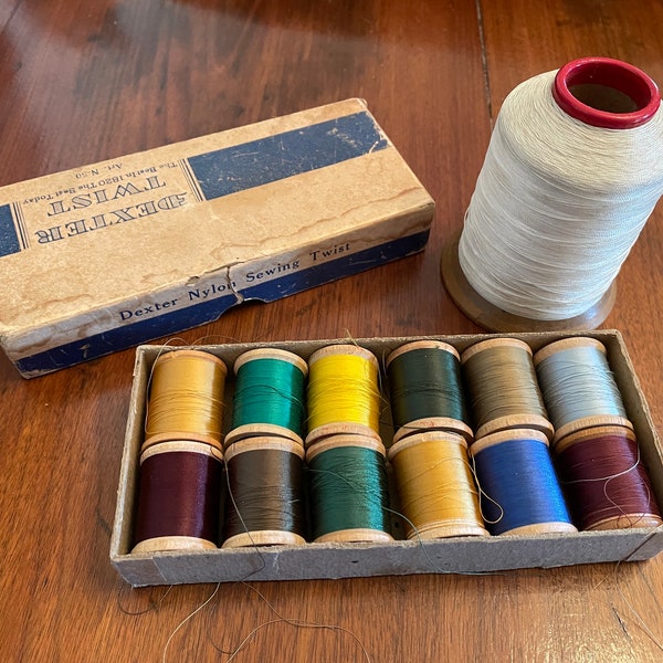 Vintage "Dexter Twist" Box of Thread Spools w/Thread & Large Single Grungy Spool w/Thread, Vintage Sewing Collectibles, Sewing Room Decor