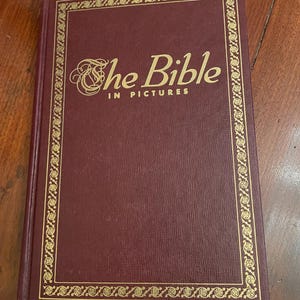 May include: A maroon-colored book titled "The Bible in Pictures." The book has gold lettering and a decorative gold border. The cover has a textured appearance.