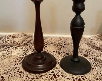 Two Antique Wooden Candlesticks/Candleholders, Different Sizes and Shapes,  Hand Turned, Treen, Farmhouse/Country Decor