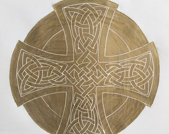 Easter Special, Gold on White Kelso Celtic Cross, Handmade Brass Rubbing, Grave Rubbing, Historical Art, Medieval Art, Tomb Rubbing,