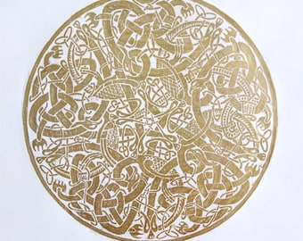 Stunning Gold on White Celtic Circle Handmade Brass Rubbing, Grave Rubbing, Historical Art, Medieval Art, Tomb Rubbing, Book of Kells