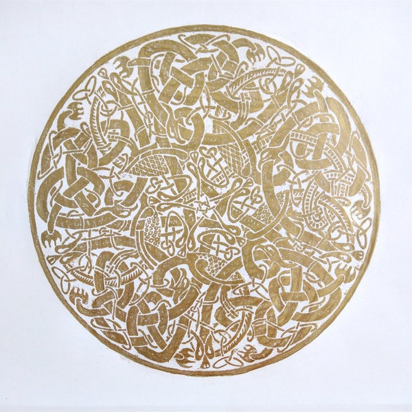 Stunning Gold on White Celtic Circle Handmade Brass Rubbing, Grave Rubbing, Historical Art, Medieval Art, Tomb Rubbing, Book of Kells