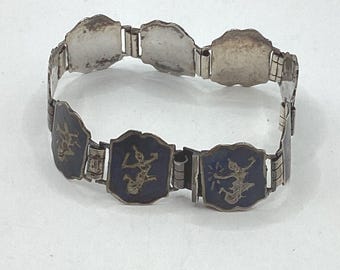 Siam Sterling Silver Panel Bracelet Asian Thailand Dancers-Mid Century