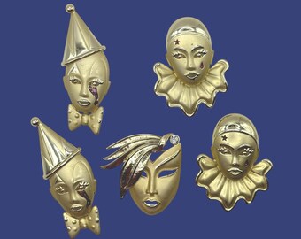 1980s Harlequin Pierrot Clown Brushed Satin Gold Toned Brooches Lot